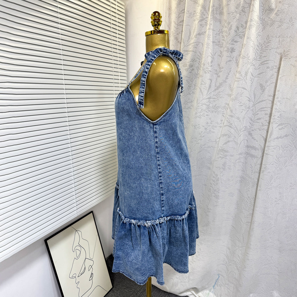 Export cross-border fashionins hot-selling summernew arrivalfashionpatchwork suspender strap a-line denim dress short skirt