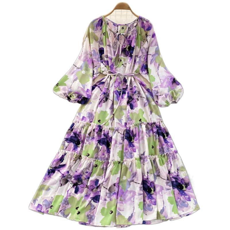 Women's autumn elegant floral print patchwork tiered hem belted lantern sleeve dress