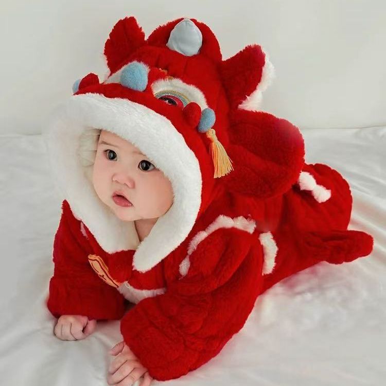 New chinese style chinese style festive first birthday full moon new year's greetings newborn winternew arrival red jumpsuit fleece-linedthickened