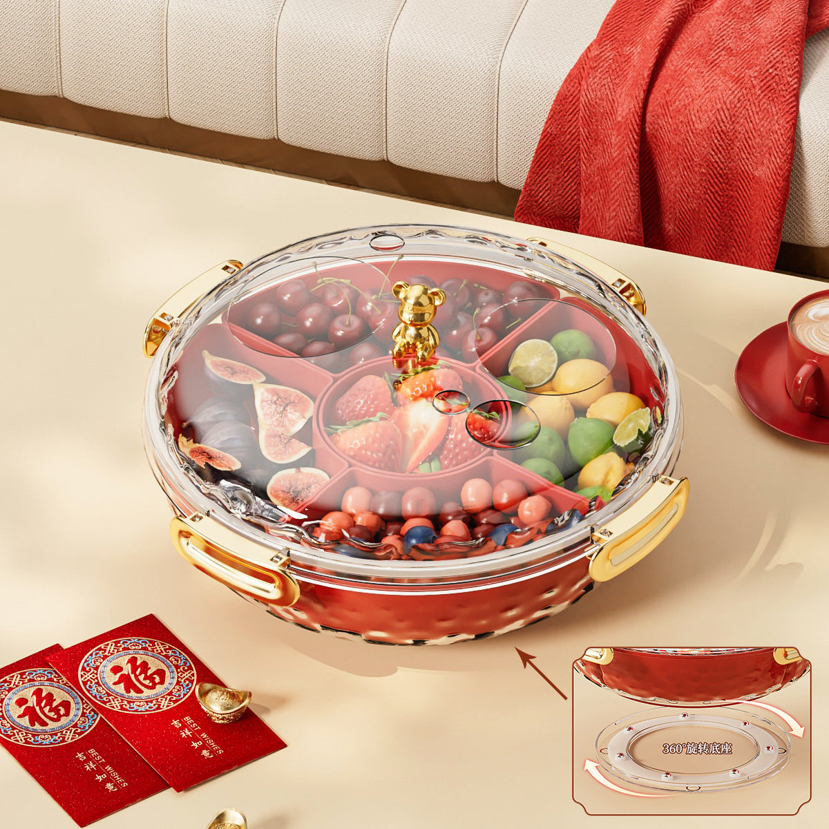 New candy tray with lid household living room coffee table rotating candy box snack fruit tray divided dried fruit storage box