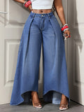 Fashionjeans women's double-layer patchwork slit loose pants high waist pleated large swing drapedmop denim pants
