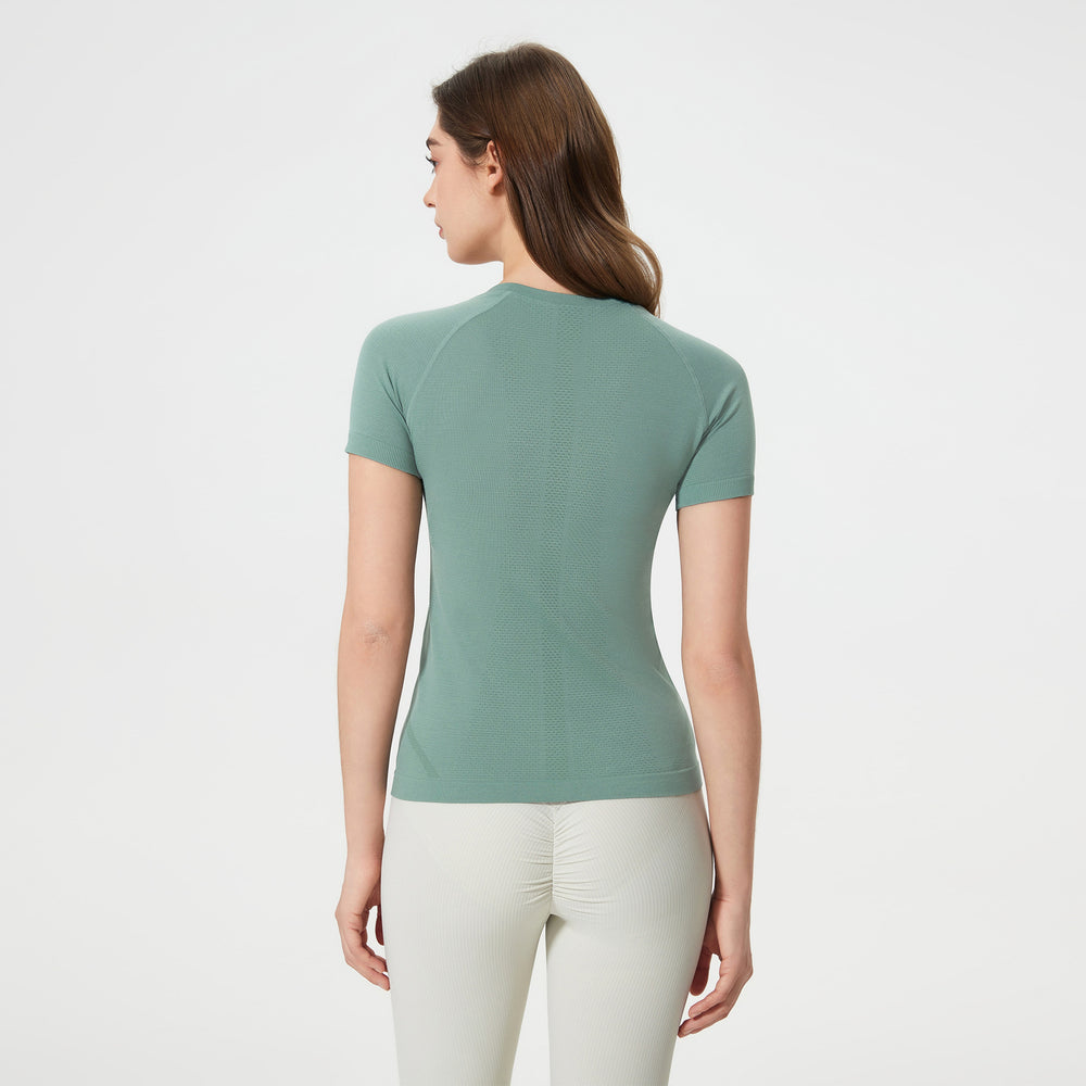 Summer seamless one-piece knit crew neck yoga top - slim fit, quick-dry, breathable running & workout short sleeve tee for women - d25073