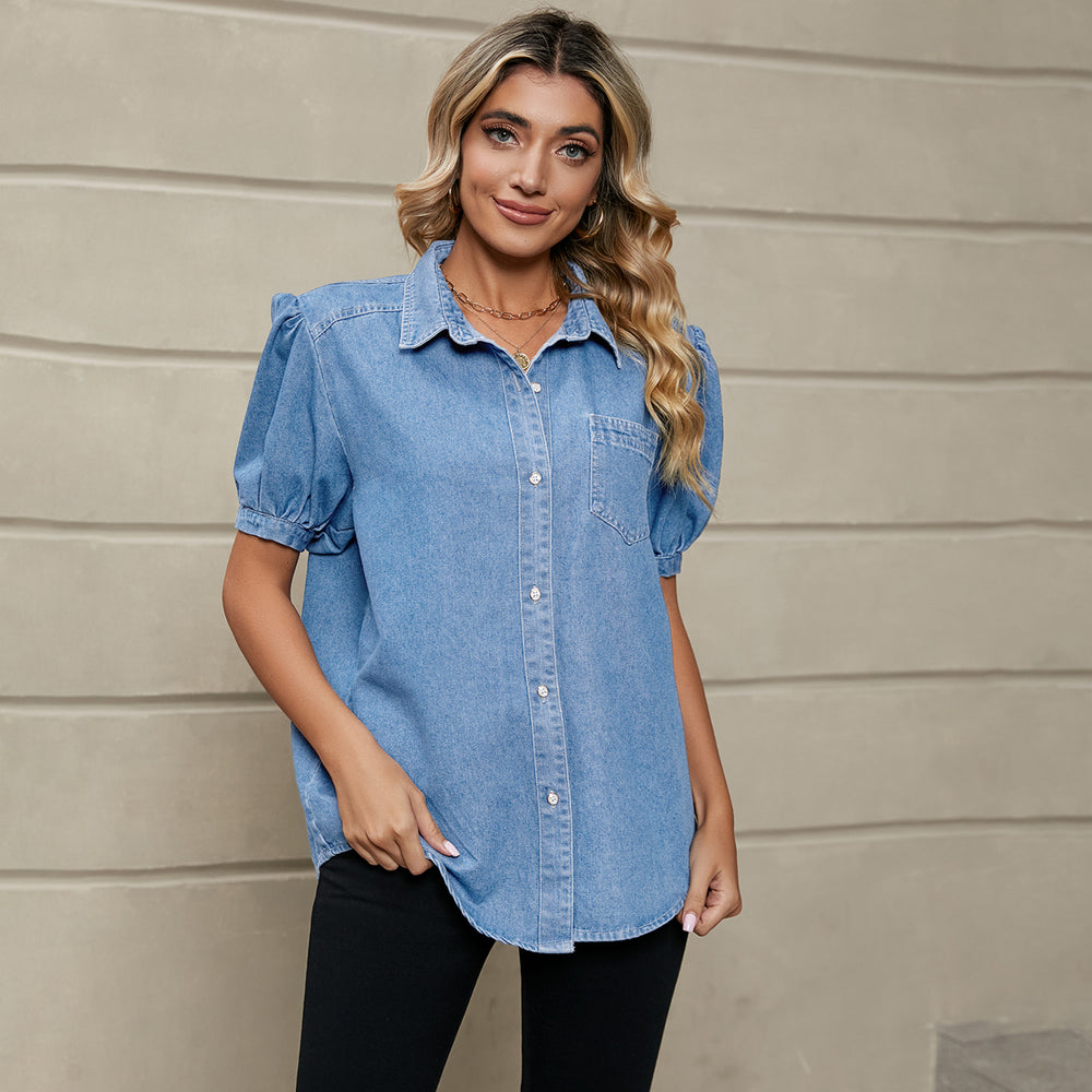 Fashion cross-border export  new arrivaleasiest for match princess sleeve lapel thin denim shirt casualtops trendy women