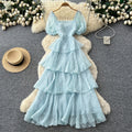 French riviera style puff sleeve square neck dress - women's summer slimming a-line maxi dress with tiered ruffle hem