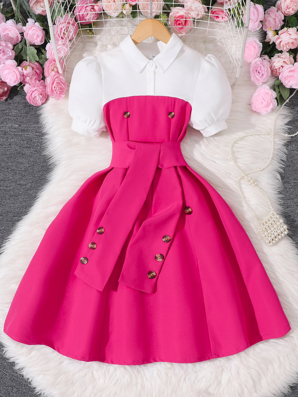 Children's short-sleeved lapel button patchworkcontrast colordress