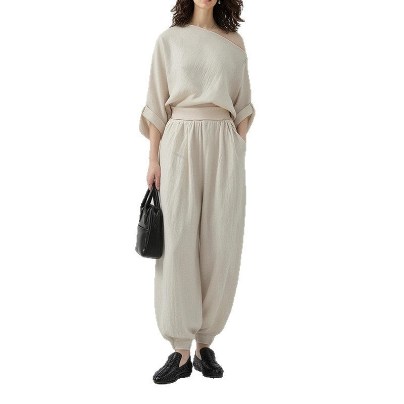 women's summer new arrivals:  cross-border fashion casual solid color one-shoulder loose fit pants set (us/eu style)