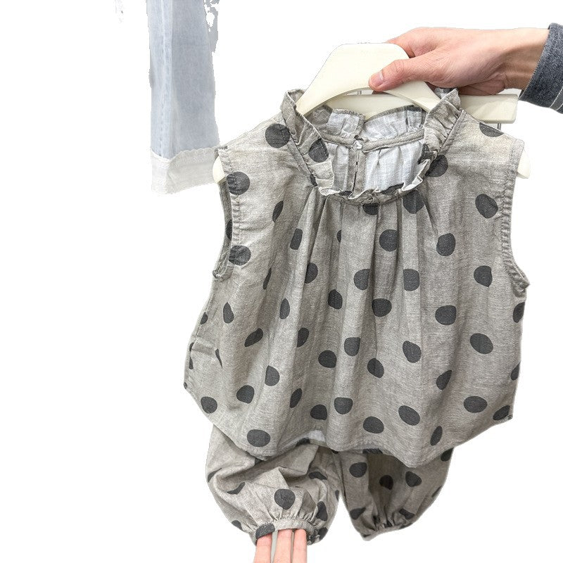[summer clothing big sale free shipping] girls polka dot cotton and linen suit  summer new fashion little girls style two