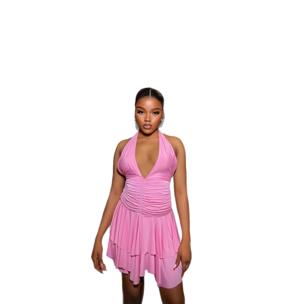 European and american cross-border women's fashion:  early winter new arrival - solid color sleeveless halter neck v-neck backless ruched mini dress