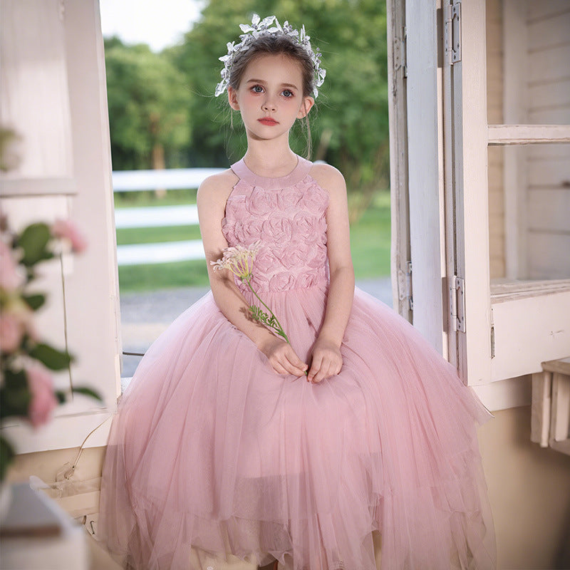 Children's dress with asymmetrical mesh skirt, elegant and high-end girls' princess dress, halter neck, sleeveless, european and american style, custom-made