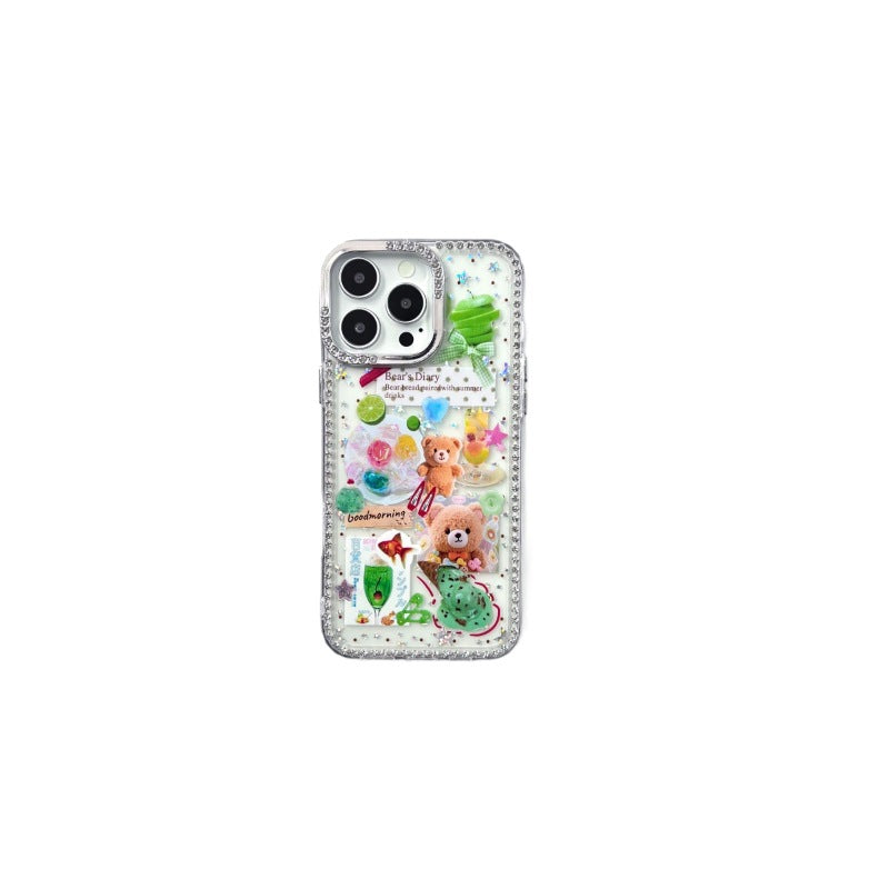 Ice cream bear iphone 17 air glitter diamond star phone case, apple 16 pro diamond-studded protective cover, 15