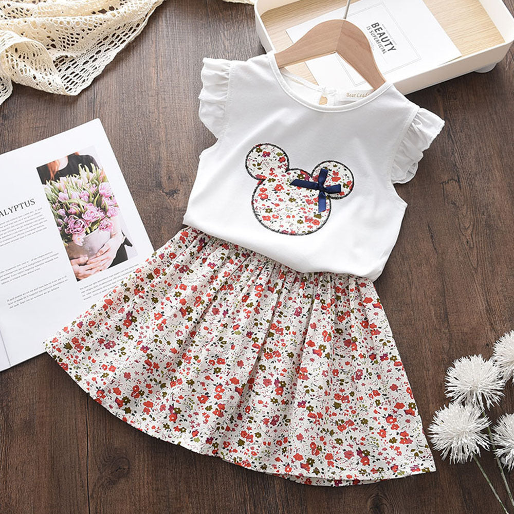 Girls'  summer new arrival cross-border set: cartoon lightweight flutter sleeve top & floral print midi skirt - toddler two-piece outfit