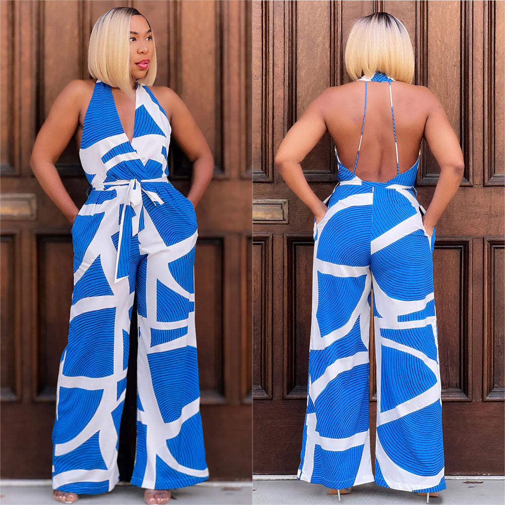 C6985 cross-border   independent station fashionfashion women's exquisite printing sleeveless v neck jumpsuit