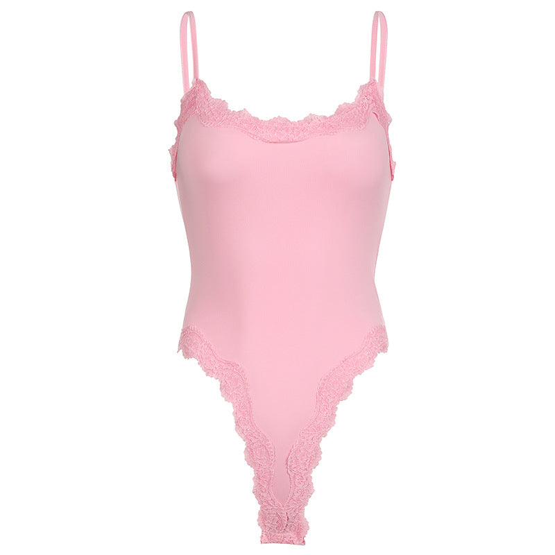 solid color basic lace splicing suspender onesie sexy base medium and long vest top women