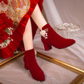2022 new arrival engagement red chunky heel bridal shoes women's xiuhe high heels beaded wedge heel winter ankle boots