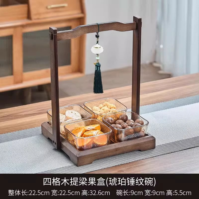 Chinoiserie walnut color dried fruit plate for home divided grids four-square grid lifting beam wedding new home glass bowl fruit plate fruit plate