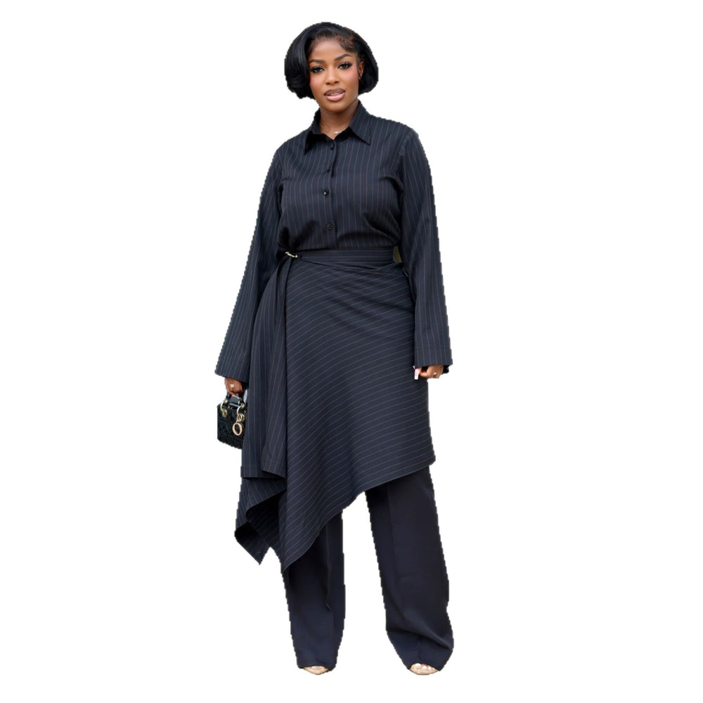 European and american style women's fall  sweet turn-down collar striped long sleeve blouse and high-waisted asymmetrical midi skirt two-piece set