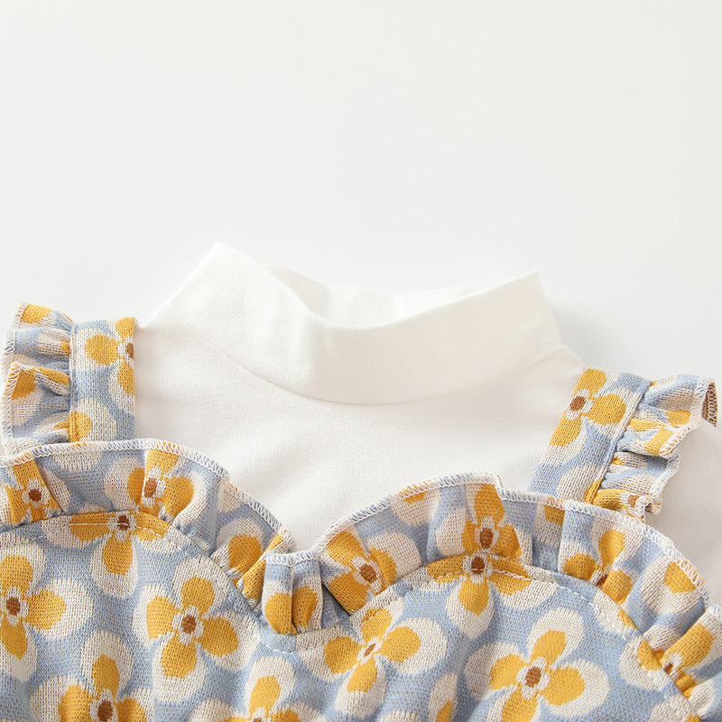 Girls' fall/winter outfit set : stylish yellow floral short-sleeve three-piece set for toddlers