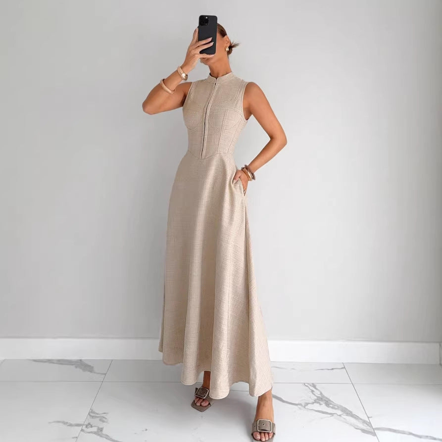 european and american cross-border new sleeveless french cinched waist maxi dress for women