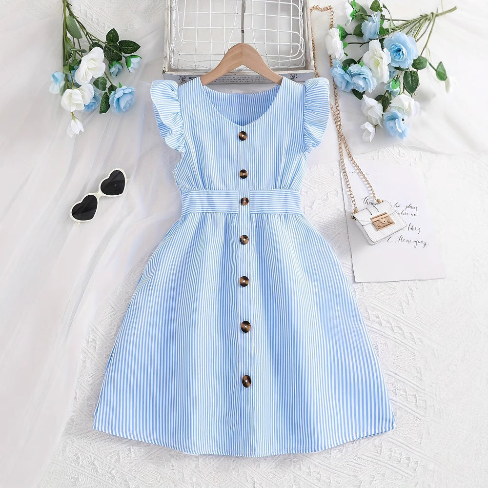 Summer girls' flutter sleeve pinstripe dress - blue & white single-breasted button-down french style a-line sundress