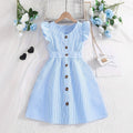 Summer girls' flutter sleeve pinstripe dress - blue & white single-breasted button-down french style a-line sundress