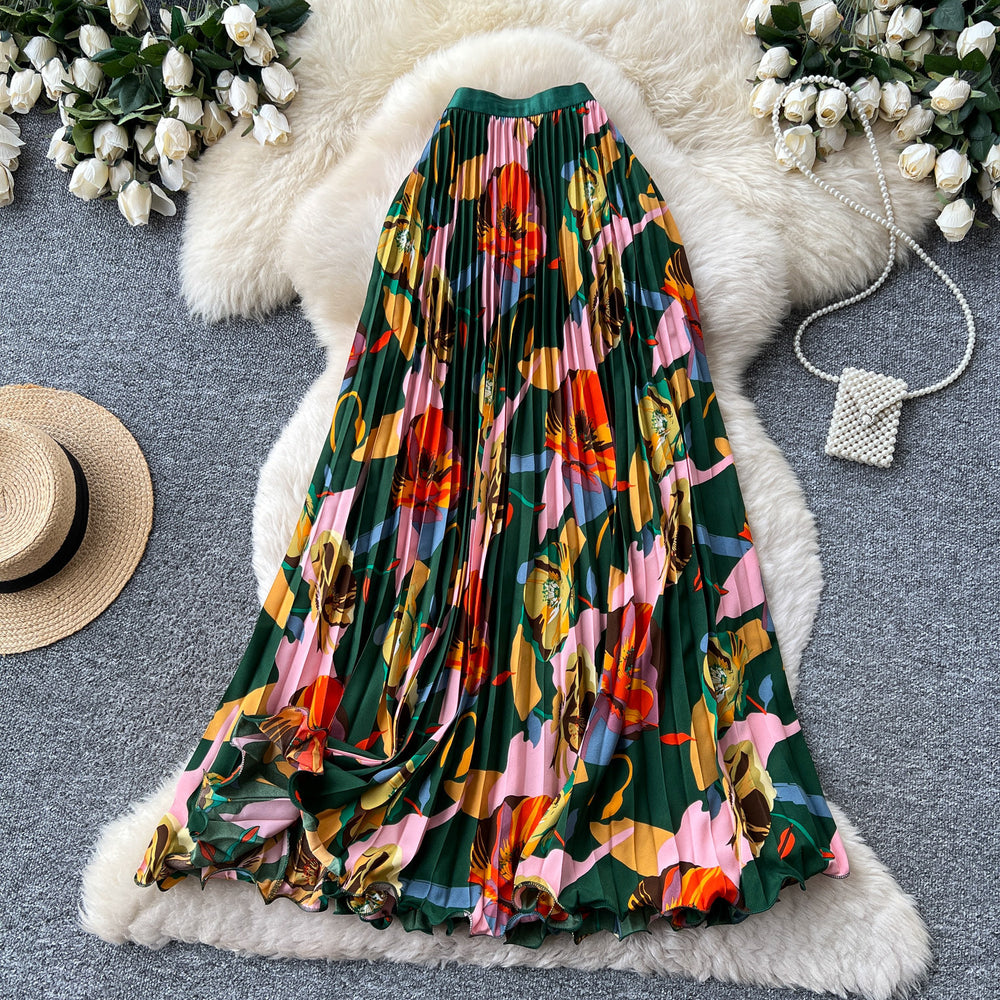 Retroprintingloose medium long pleated skirt women's high waist a-line skirt work clothing large swing drapedelegant long skirt