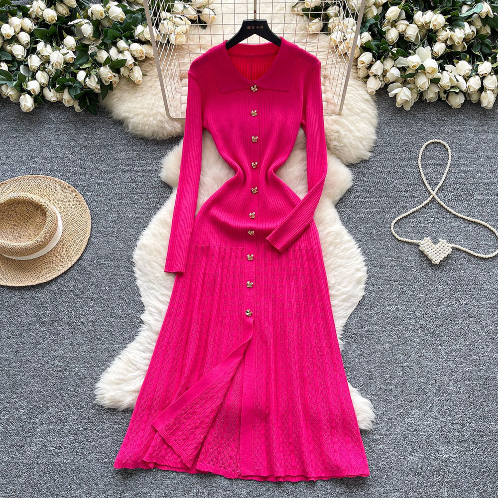 French retro polo collar long sleeve metallic buckle waist dress women's autumn slimming elegant crochet knit maxi dress