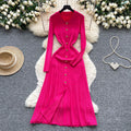French retro polo collar long sleeve metallic buckle waist dress women's autumn slimming elegant crochet knit maxi dress