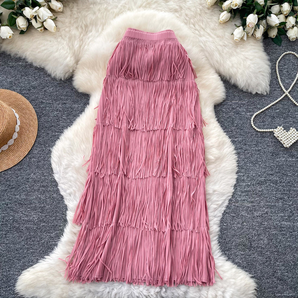 Retrocasual style tassel skirt women's high waist a-line skirt women's work clothingslimming look cake skirt niche style design classy sense
