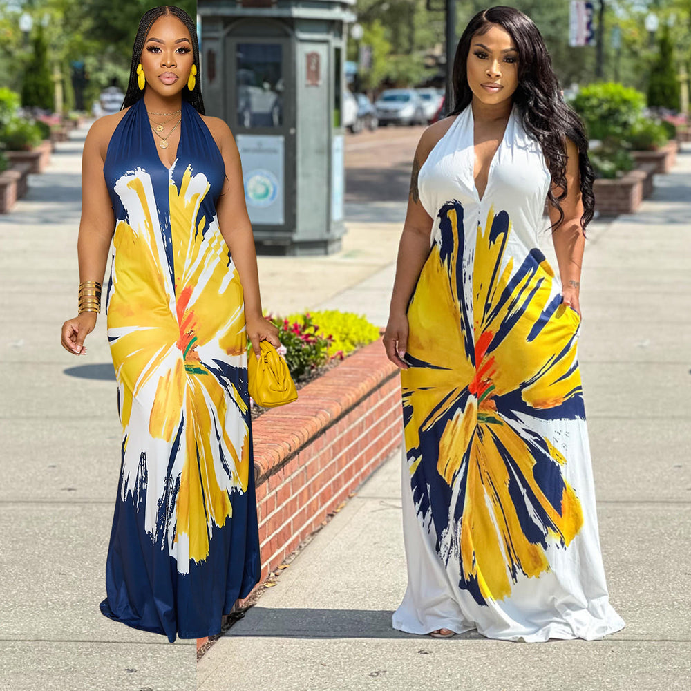 C6632 cross-border   fashion women's backless halter neck printed maxi dress