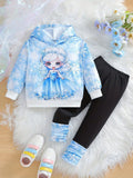 new autumn/winter cross-border exclusive girls' hooded princess print top + patchwork long pants set