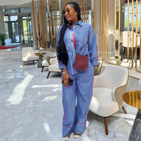 European and American large-size women's lapel collar long-sleeved cardigan striped shirt women's African foreign casual trousers new two-piece set