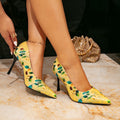 Huizhou city aliexpress women's high heels - fashionable yellow printed pointed-toe stiletto heel pumps