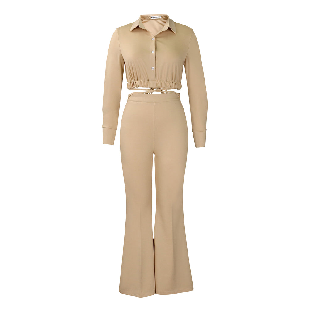 D476  women's plus size fashionable and elegant turn-down collar shirt and high-waisted flare pants two-piece set - cross-border outfit