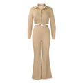 D476  women's plus size fashionable and elegant turn-down collar shirt and high-waisted flare pants two-piece set - cross-border outfit