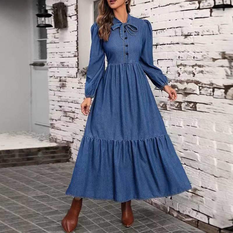 european and american new arrival: high-end denim long-sleeve fashionable fitted waist dress for women - perfect for  and independent cross-border e-commerce stores