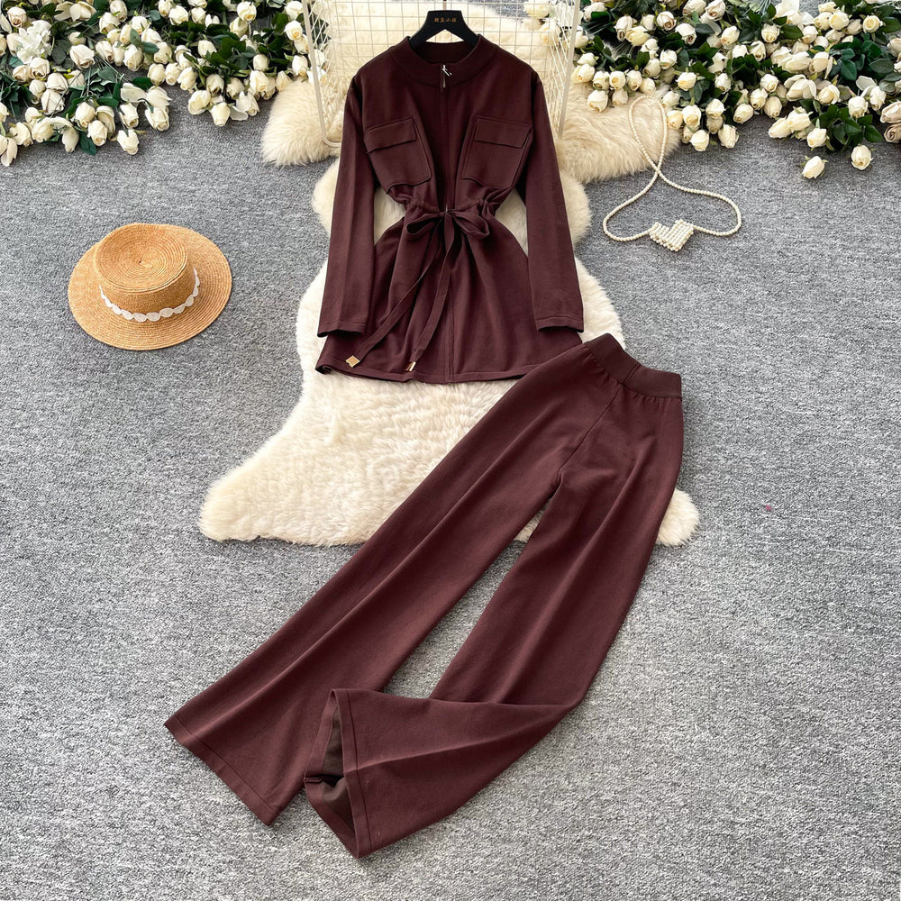 Commuting style strap waist knittingtopsloose pantstwo-piece setfemaleautumslimslimming look workplace suit outfit