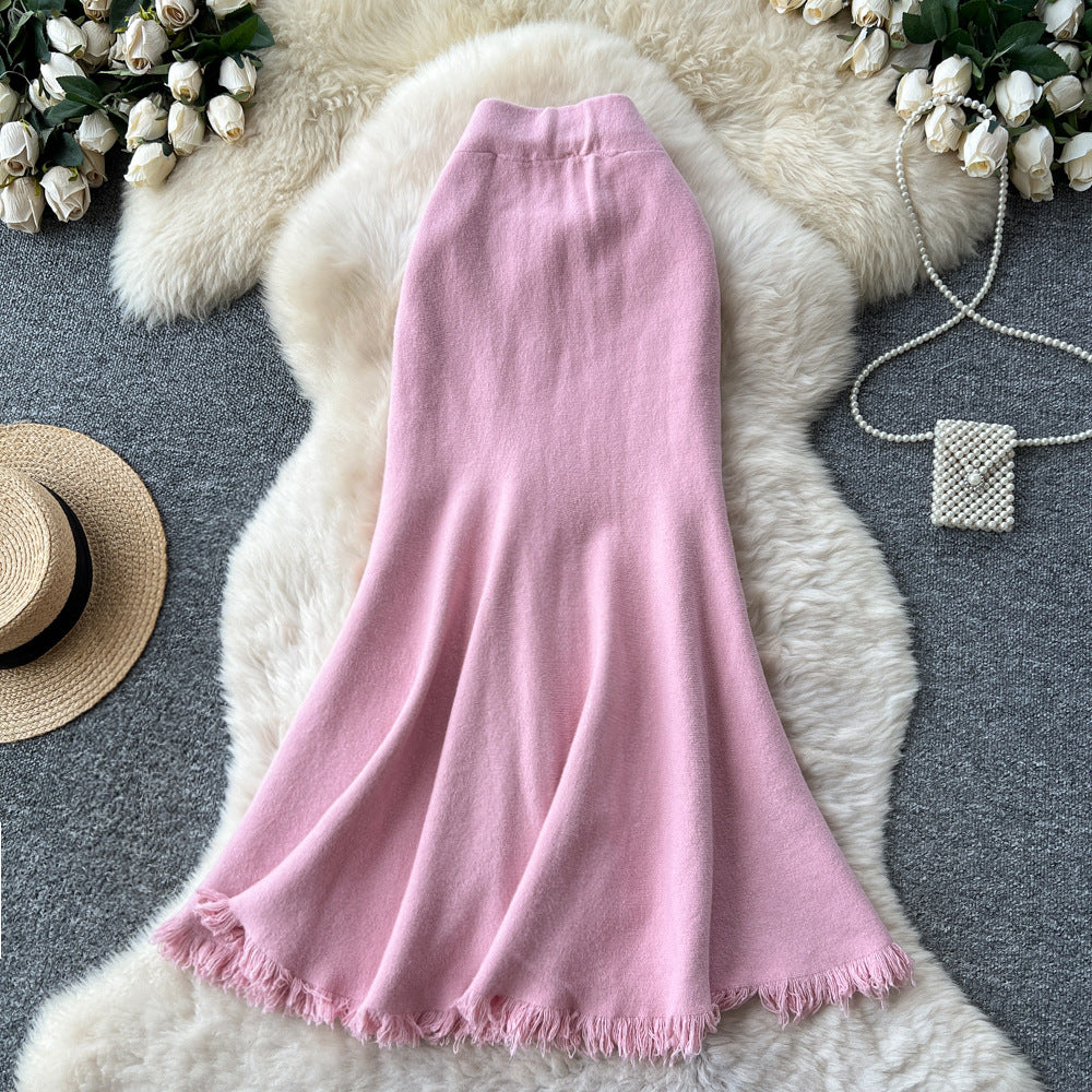 Frenchhigh waisteasiest for match skirt women fall and winter2025new arrivalclassy slimming look silm tassel fishtail knitting skirt
