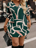 European and american style art print mini dress - v-neck, three-quarter sleeves, loose fit, slimming, slit design, casual dress