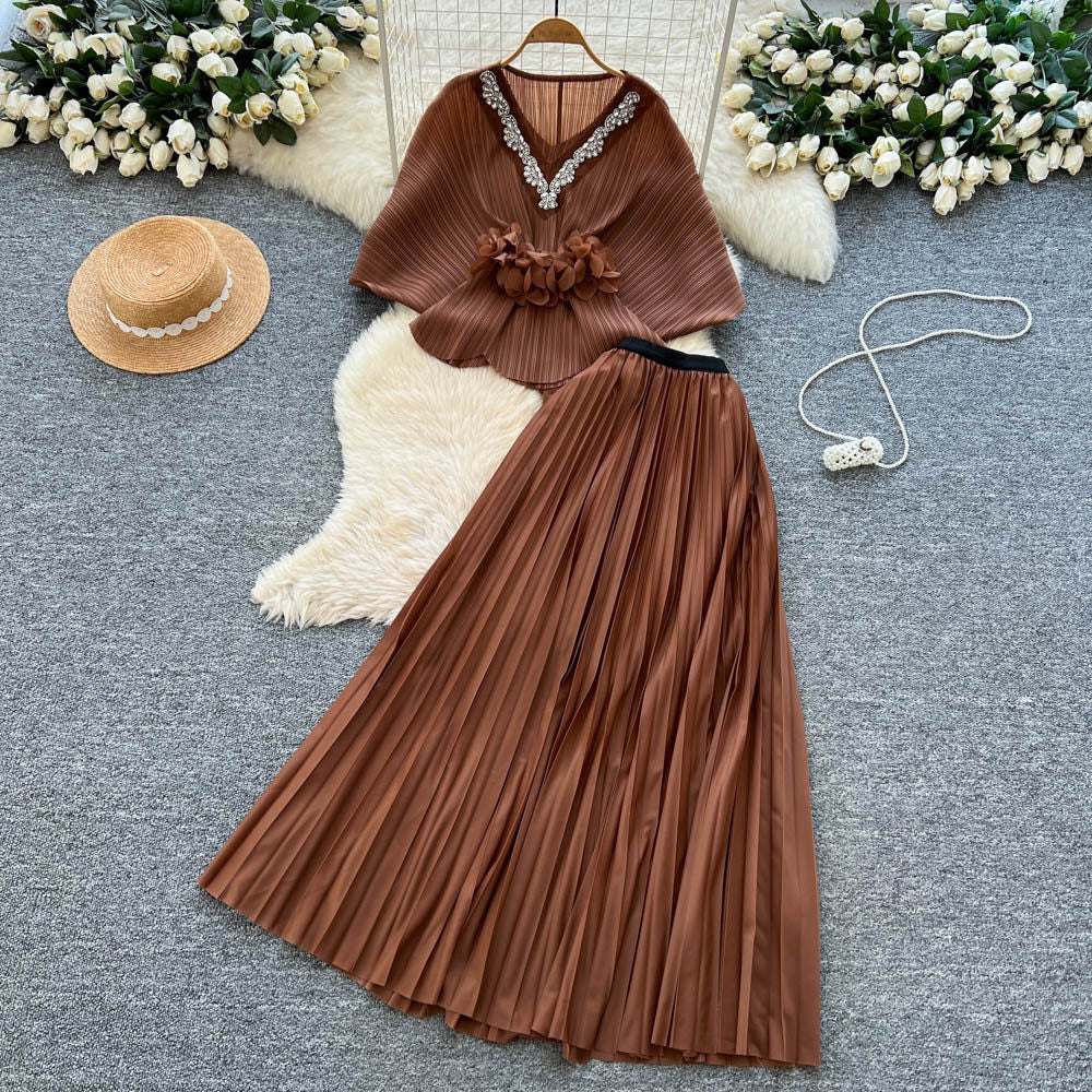 Noble socialite work clothing style red two-piece set female autum silmpleated skirt cloak waist suitelegance