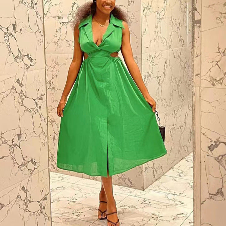 spring and autumn elegant a-line dress - european and american  style solid color sexy dress