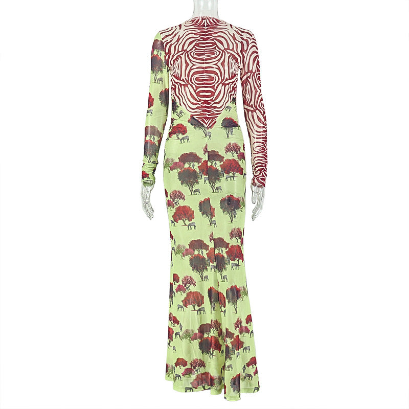 European and american style cross-border  women's fitted print patchwork bodycon dress - round neck, long sleeve, unique and fashionable