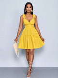European and american cross-border   summer new arrival: elegant v-neck, designer elastic waist, solid color slip dress