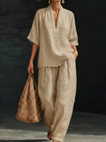 cross-border spring women's casual comfort linen two-piece set