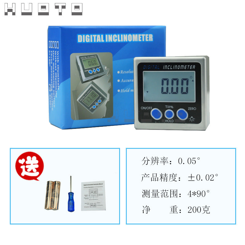 HUOTO Digital Display Level, Digital Display Angle Meter Inclination Meter 360 ° Inclination Box Angle Ruler All Metal