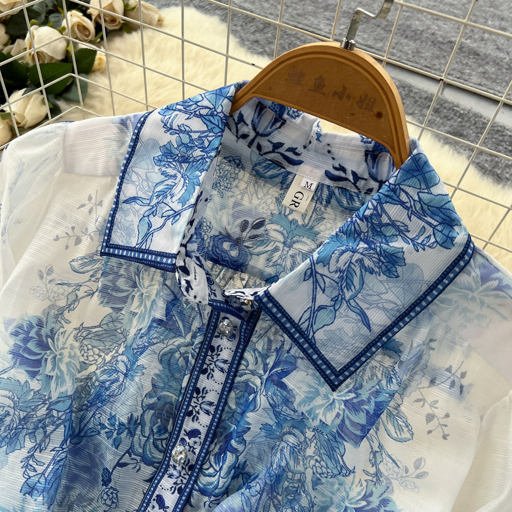 Vintage court style blue and white porcelain print dress - women's spring long sleeve slimming a-line maxi dress - elegant and chic
