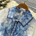 Vintage court style blue and white porcelain print dress - women's spring long sleeve slimming a-line maxi dress - elegant and chic