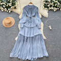 French high-end women's dress - autumn  collection: tie-waist, lantern sleeve, elegant, flowy, and floor-length maxi dress