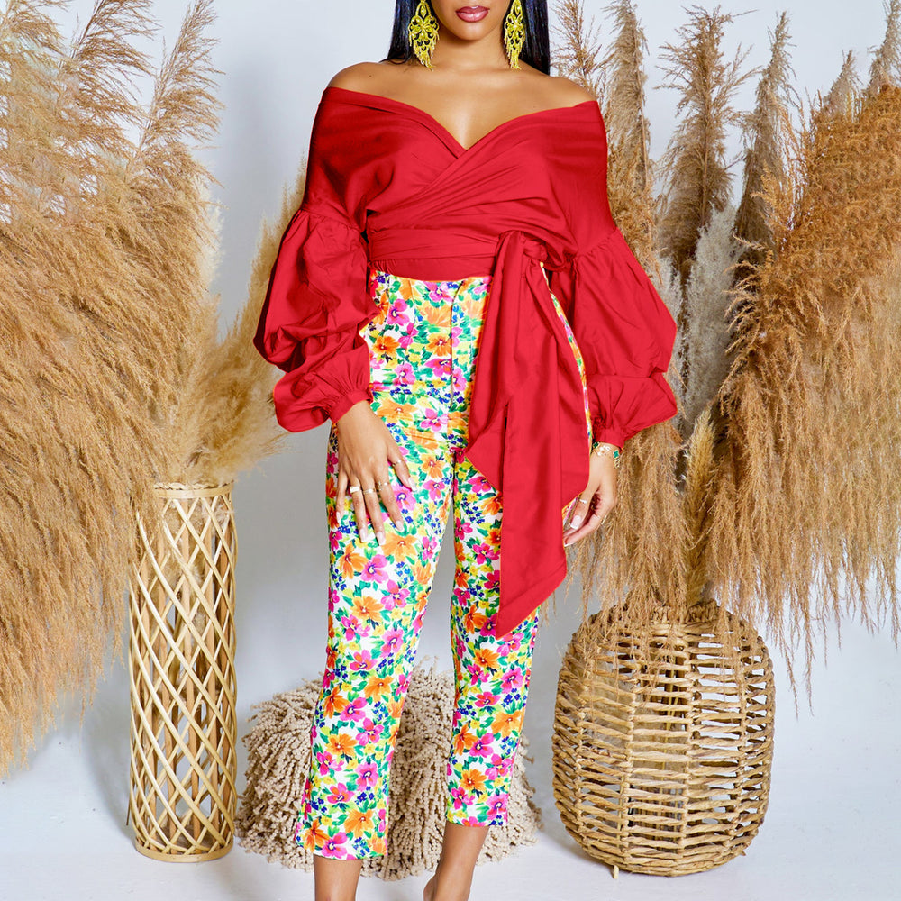 D486 new arrival: summer fashion solid color off-shoulder criss-cross tie-up puff sleeve sexy v-neck blouse - african style top