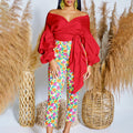 D486 new arrival: summer fashion solid color off-shoulder criss-cross tie-up puff sleeve sexy v-neck blouse - african style top
