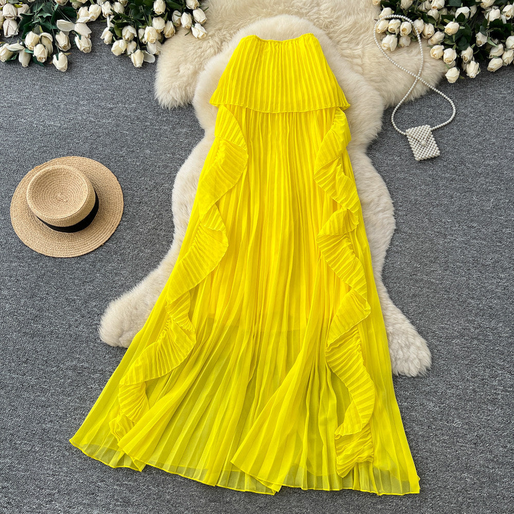 Vacation-ready yellow tube top sexy dress for women, featuring a ruffled halter neck design, a unique and stylish french-inspired long dress perfect for summer
